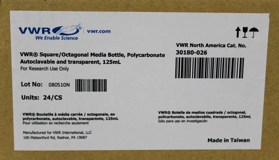 VWR 30180-026 Square/ Octagonal media bottle w/cap 125ml (2Boxes of 24 ea)