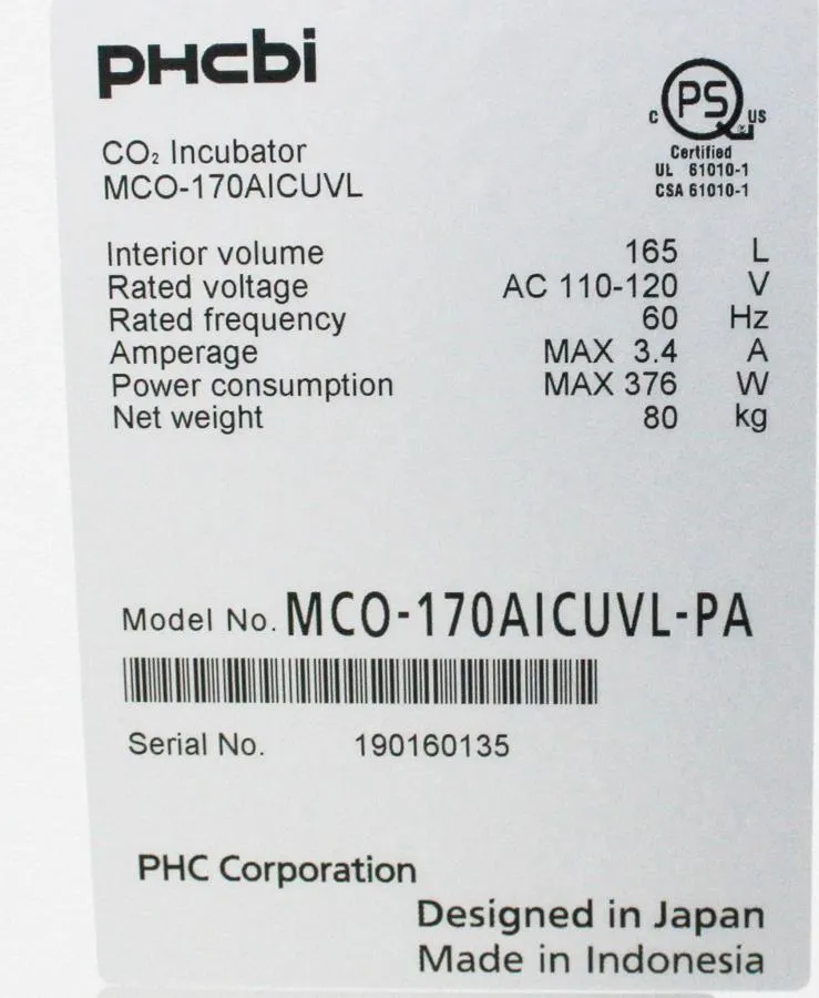 PHCBI Cell-IQ Series 5.8 cu.ft. CO2 Laboratory Incubator MCO-170AICUVL-PA !