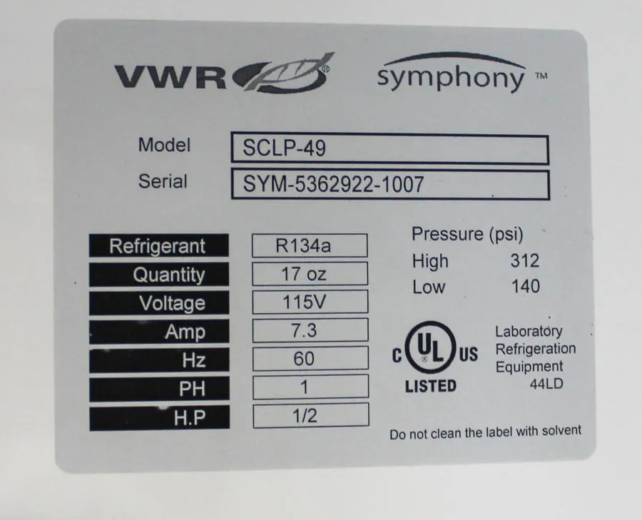 VWR Symphony Laboratory Refrigerator model: SCLP-49