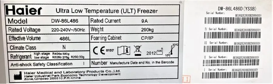 Brand New-Haier Ulta Low Temperature ULT Freezer DW-86L486  (220V and 50hz only)