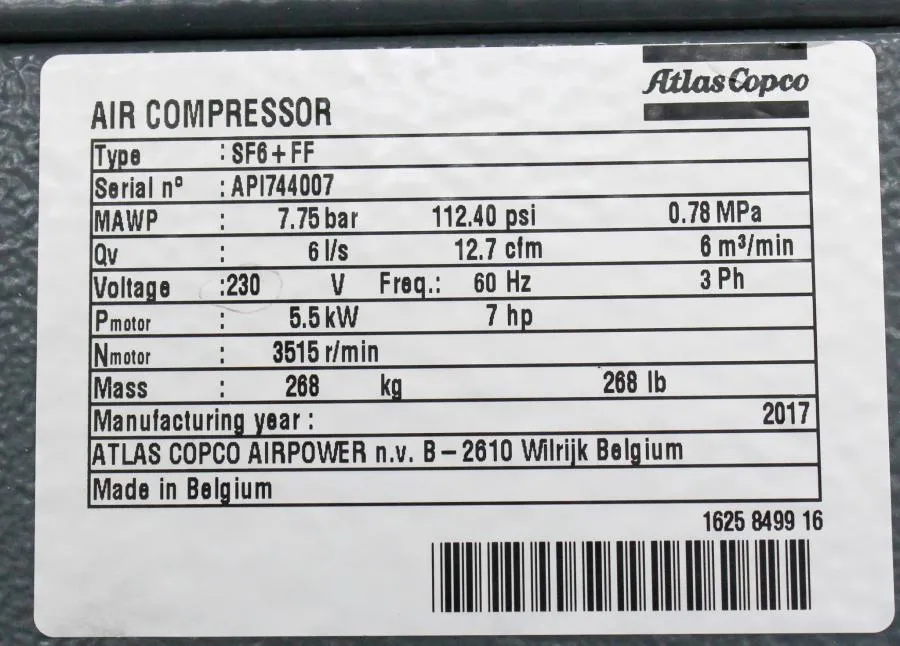 Atlas Copco Single Stage, Oil-Free Air Compressor SF6+ FF w/ Integrated Dryer