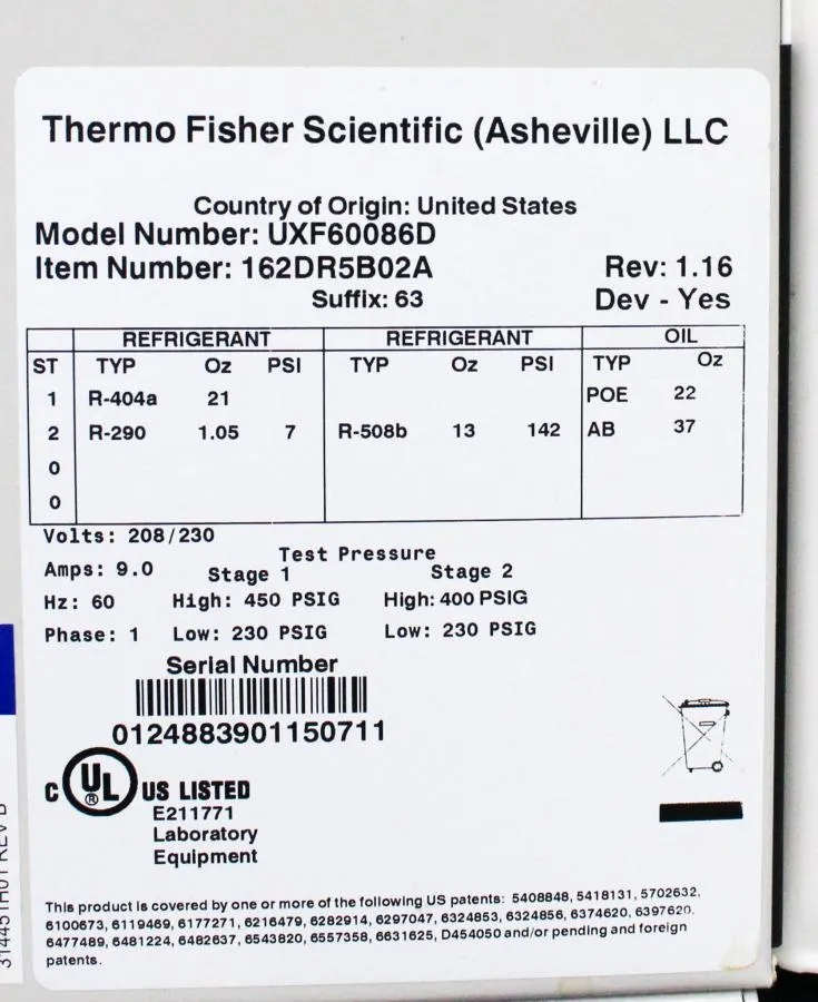 Thermo Scientific Revco UXF -80c Ultra Low Temperature Freezer UXF60086D63