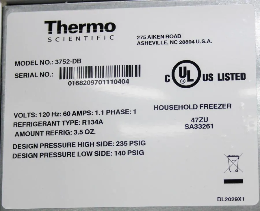 Thermo Scientific Undercounter Value Lab Freezer Model 3752-DB