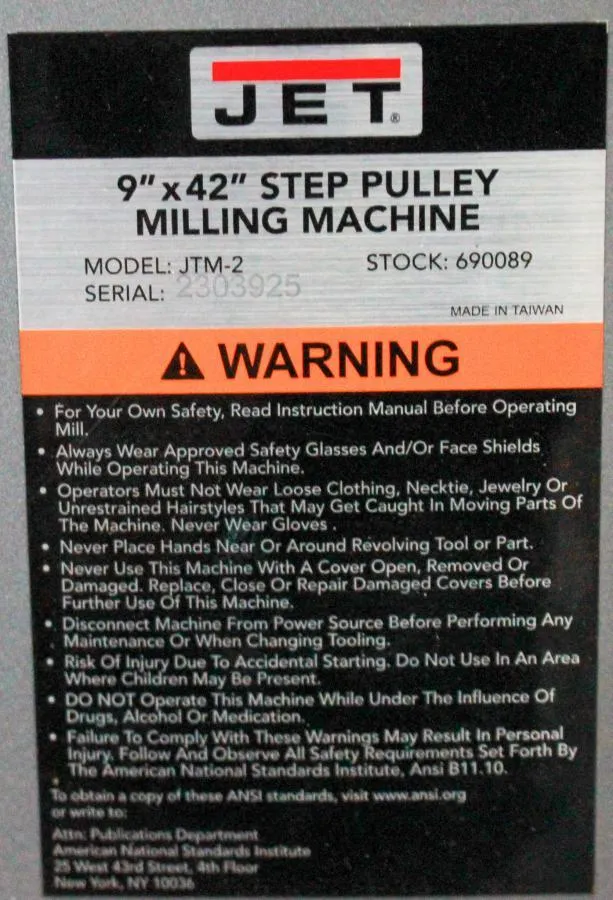 JET Step Pulley Milling Machine  9 x 42in Model JTM-2 w/ DP700 Digital Readout