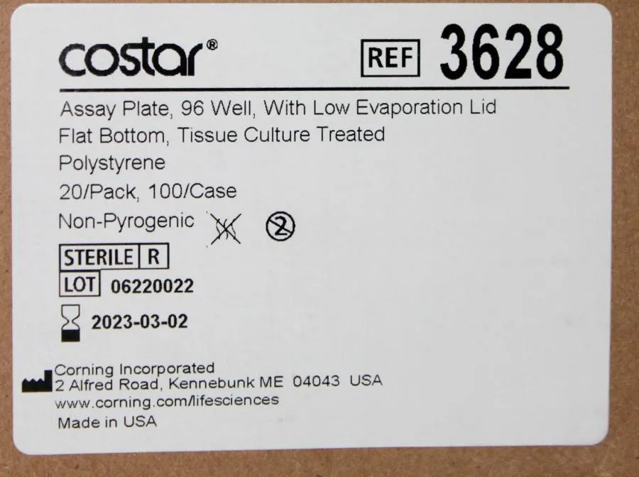 COSTAR Assay Plate 96 well w/low Evaporation Lid Flat Bottom, 20/pk. 3628