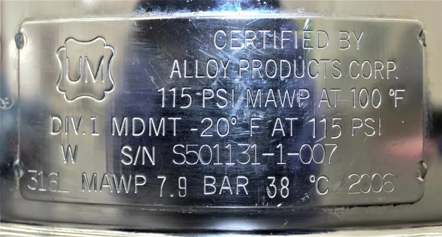Alloy Products 316L MAWP 7.9 Bar  Stainless Steel Vessel 115PSI