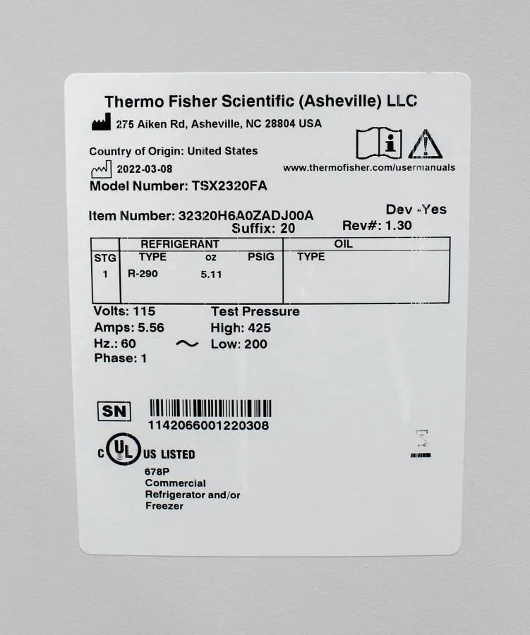 Thermo Scientific  TSX2320FA High Performance Lab Freezer Manual Defrost