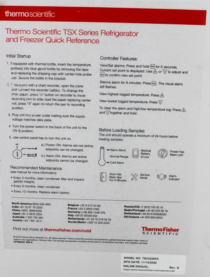 Thermo Scientific TSXSeries TSX2320FA High Performance Lab Freezer Manual Defros