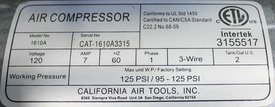 California Air Tools oil-Free Air Compressor model: 1610A