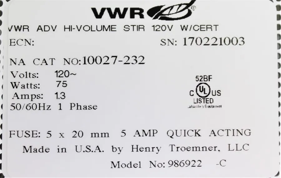 VWR Hi-Volume Stir 10027-232 CLEARANCE! As-Is