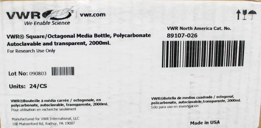 VWR Square/ Octagonal media bottle autoclavable & Clear, 2000ml box of 24/CS