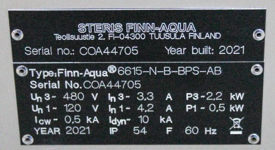 Steris Finn Aqua BPS Bio Pharmaceutical Steam Sterilizer System 6615-N-B-BPS-AB