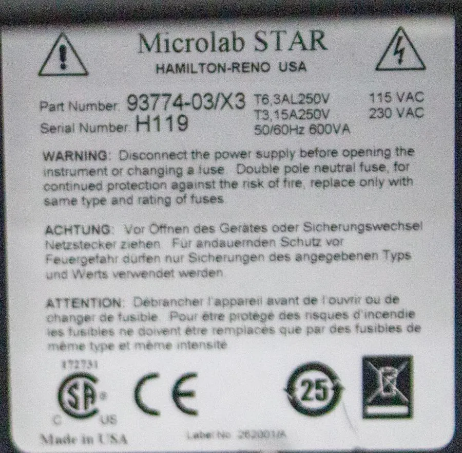 Hamilton Microlab STAR Liquid Handling System P/N 93774-03/X3