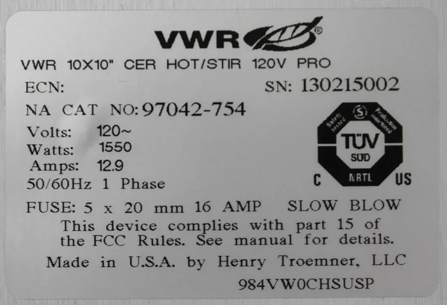 VWR 10x10 HOT/STIR plate