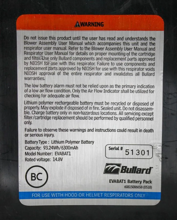 Bullard Evabat1 PAPR Lithium Batteries and Batteries Chargers (19Sets/12Batt )