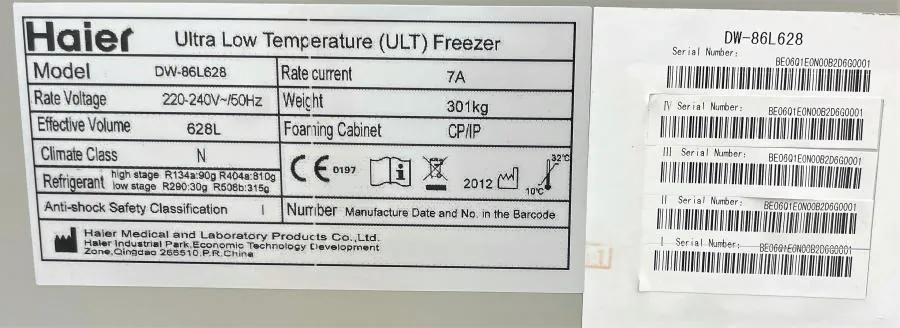 Brand New Haier Ulta Low Temperature Freezer DW-86L628  (220V and 50hz only)
