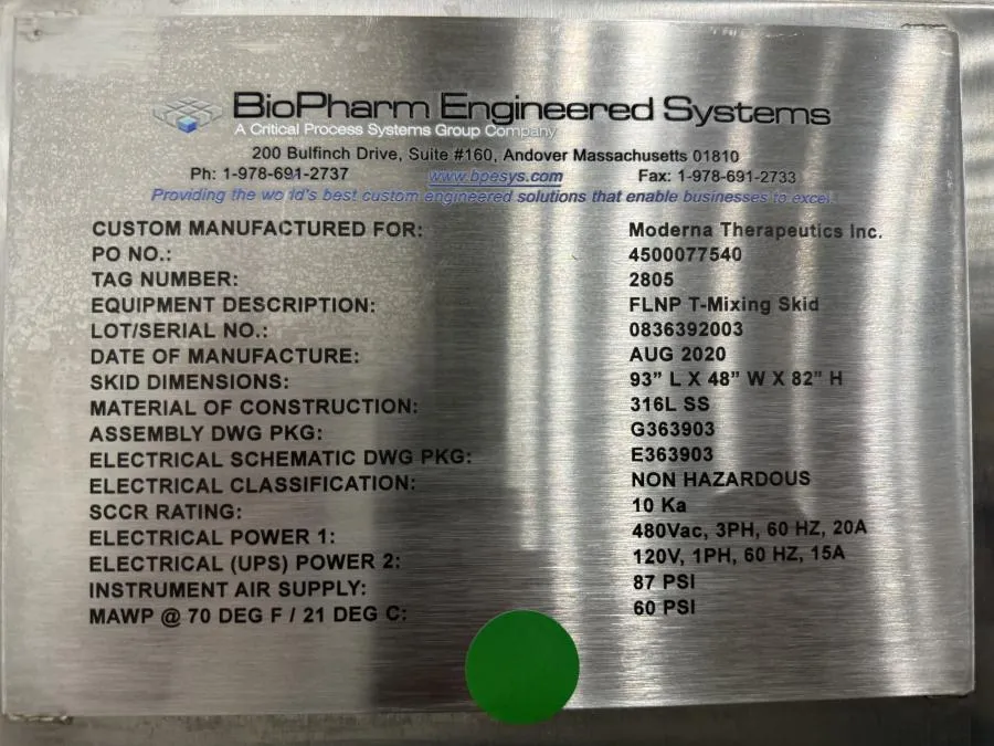 BioPharma Engineered Systems: Custom for Moderna: FLNP T-Mixing Skid