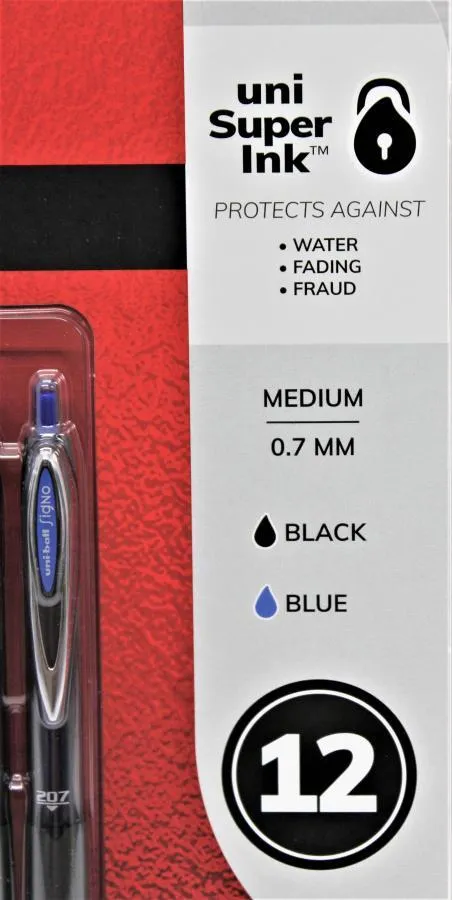 Uni-Ball 207 Gel 0.7mm Black & Blue Pens 12pk