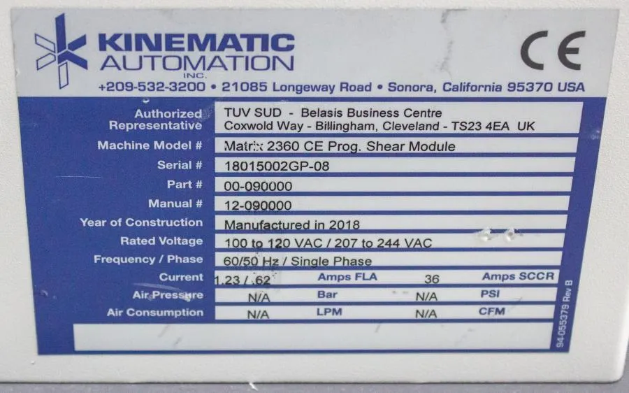 Kinematic Matrix 2360 CE Programmable Shear Module P/N 00-090000