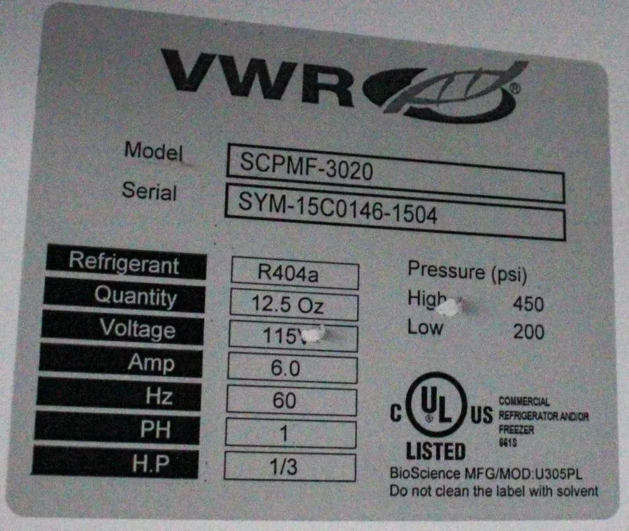 VWR Symphony SCPMF-3020 Lab Freezer