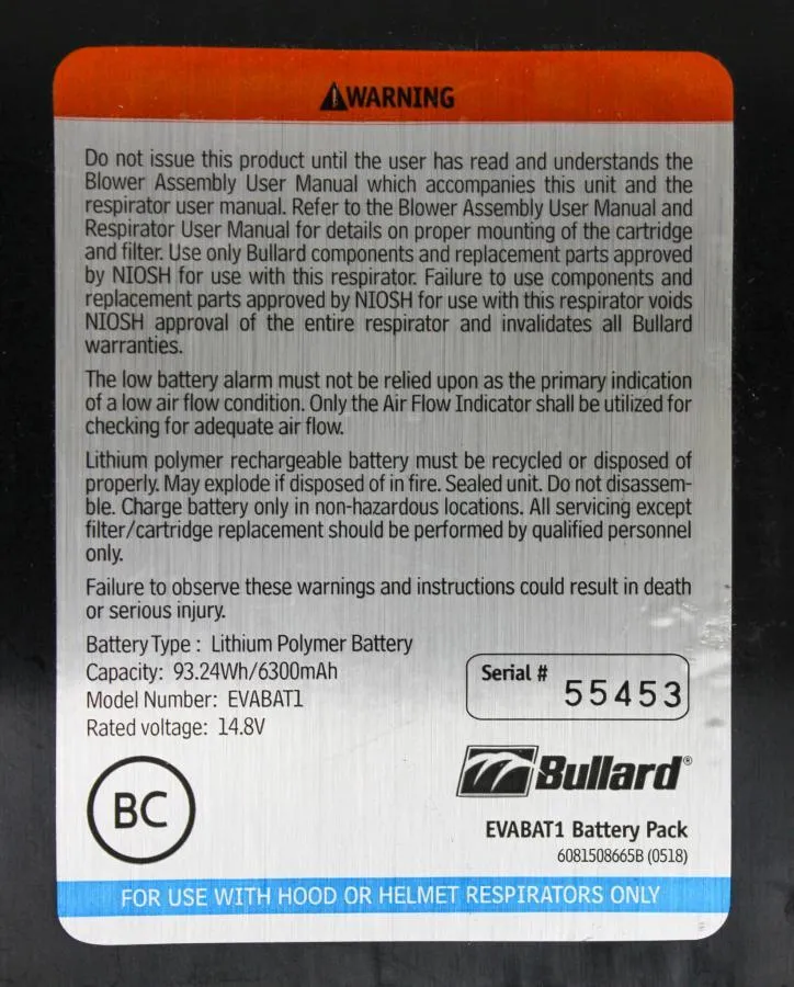 Bullard Evabat1 PAPR Lithium Battery Pack with Charger (Black Bin of 12 Sets)