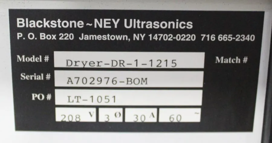 Blackstone-NEY Ultrasonics DRYER-DR-1-1215 CLEARANCE! As-Is