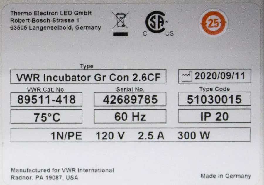VWR Gravity Convection Incubator Gr Con 2.6CF Cat# 89511-418