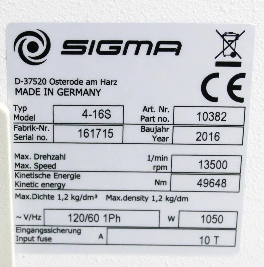 Sigma 4-16S Benchtop Centrifuge P/N 10382 w/ Qiagen Rotor 09100