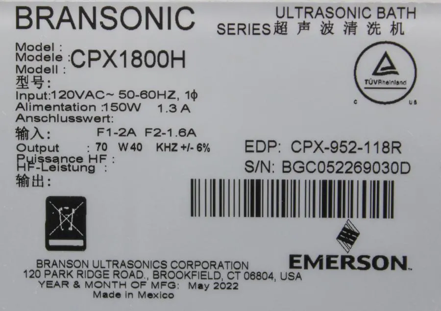 EMERSON BRANSON Bransonic CPX1800H Digital Heated Ultrasonic Bath