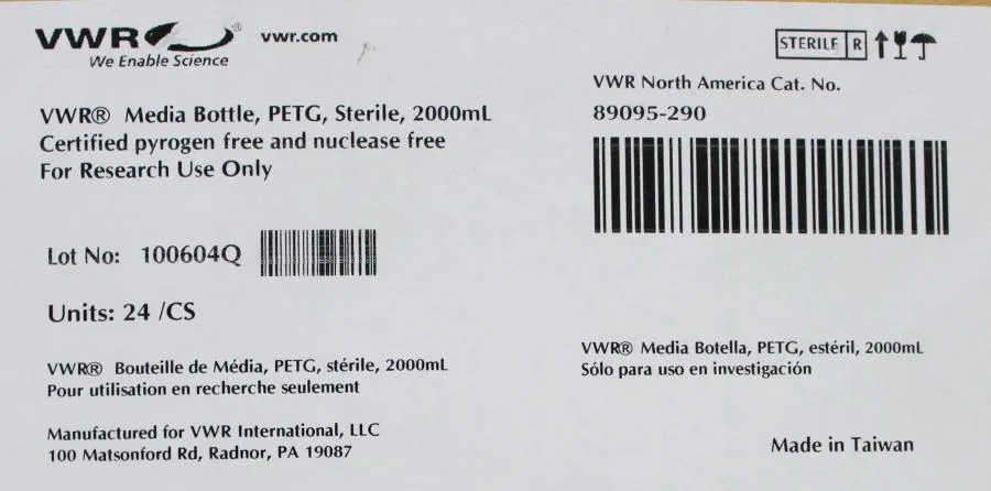VWR Media Bottle, PETG, Sterile, 2000mL. Cat: 89095-290  (CASE OF 24)