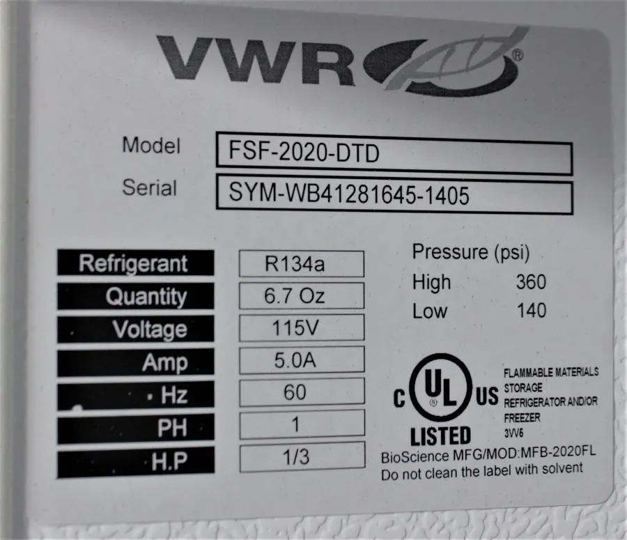 VWR Flammable Material Storage Ultra Low -20C Fre CLEARANCE! As-Is