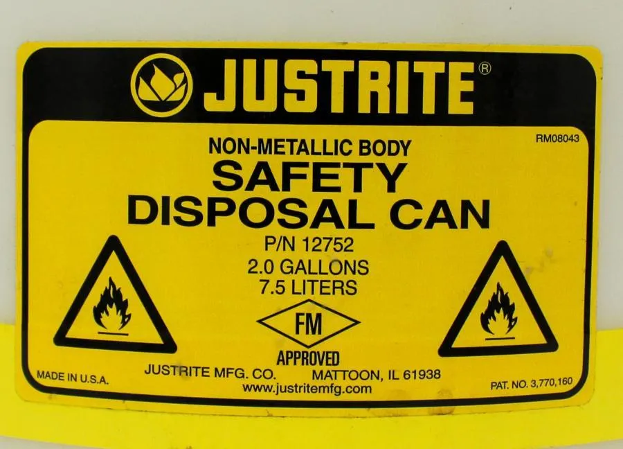 Justrite Safety Disposal Can 2.0 Gallons 7.5L.  P/N: 12752