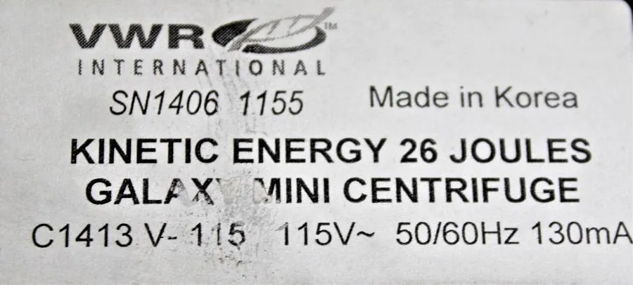 VWR Kinetic Energy 26 Joules C1413 Galaxy Mini-Centrifuge