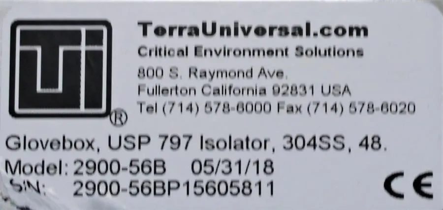 Terra Universal Glovebox USP 797 Isolator 2900-56B CLEARANCE! As-Is