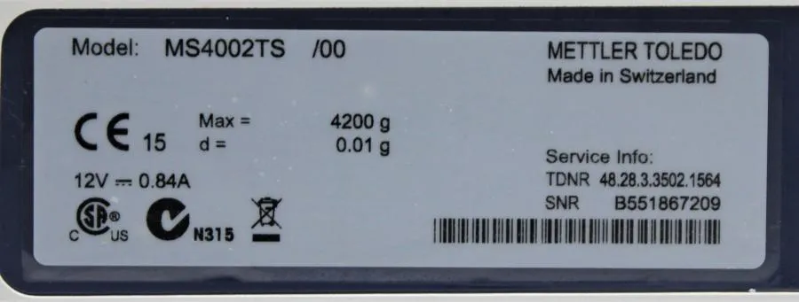 Mettler Toledo MS4002TS/00 Precision Balance