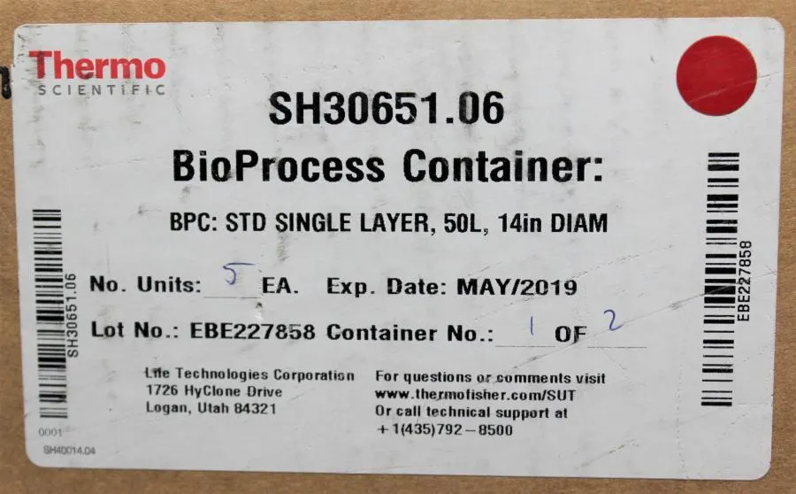 Thermo Scientific BioProcess Conatainer STD Single Layer 50L SH30651.06 Qty 5