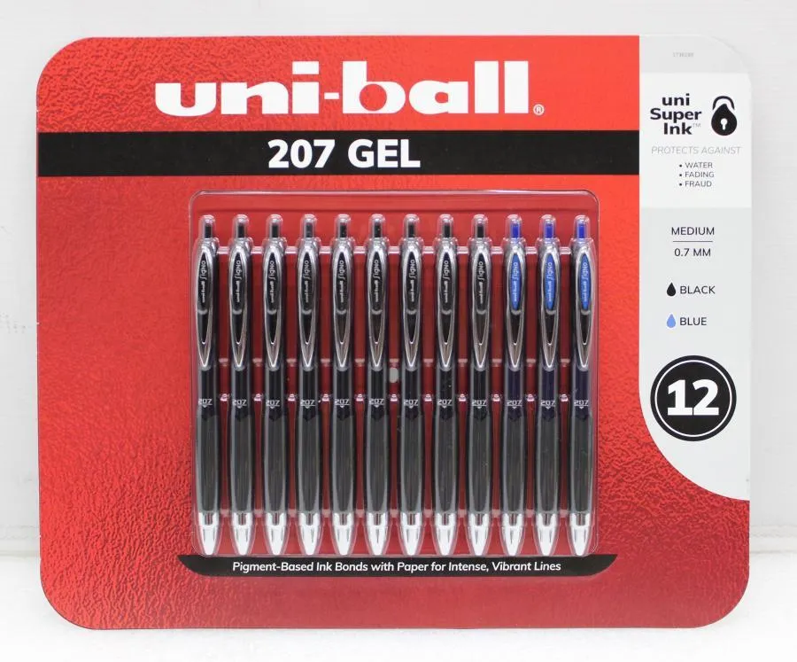 Uni-Ball 207 Gel 0.7mm Black & Blue Pens 12pk