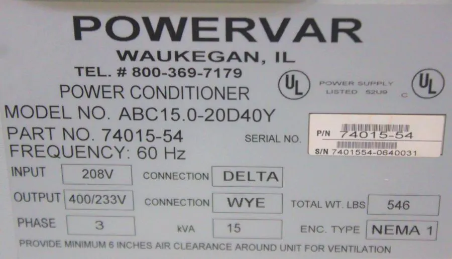 Powervar ABC15.0-20D40Y Series 2000 GPI Global Pow CLEARANCE! As-Is