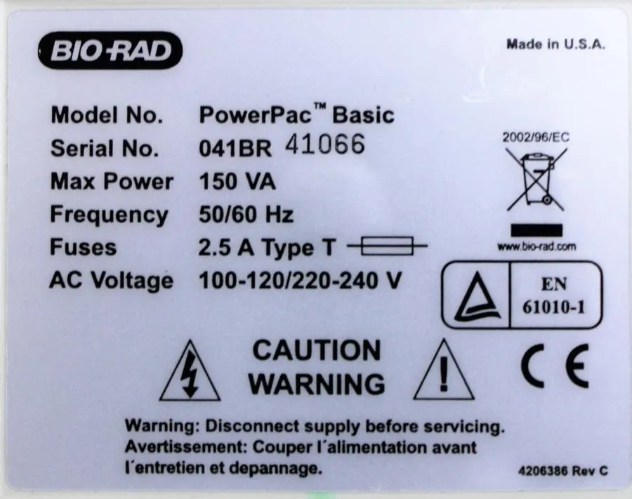 Bio Rad PowerPac Basic Electrophoresis Power Supply