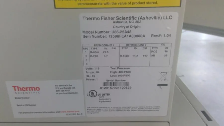 Thermo Fisher Scientific U86-25A4B 25 cu.ft. Ultralow -80C Freezer