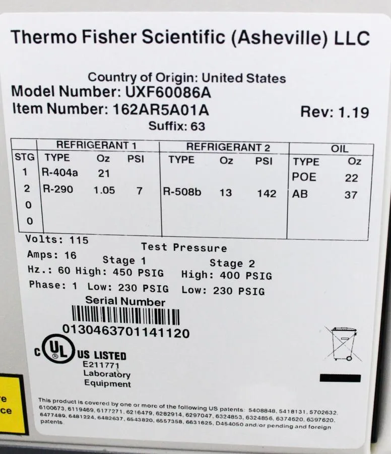 Thermo Scientific Revco -86C Ultra Low Temperature Freezer Model UXF60086A