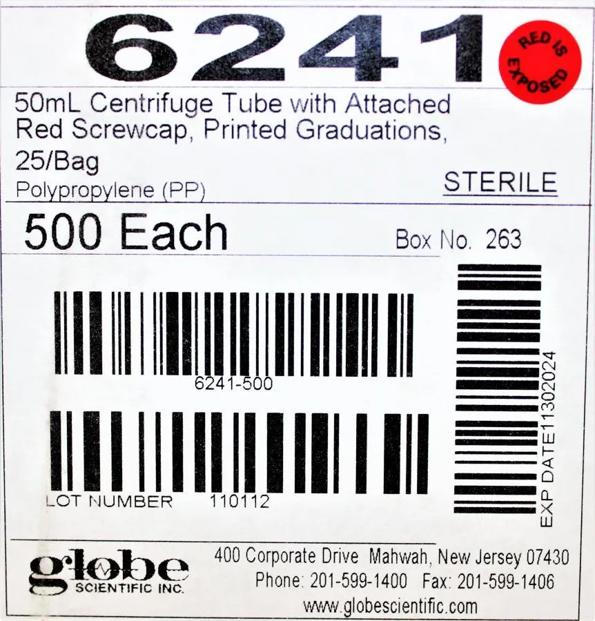 Globe Scientific 50mL Centrifuge Tube w/ red screwcap 25/bag & Cryo-tags-labels