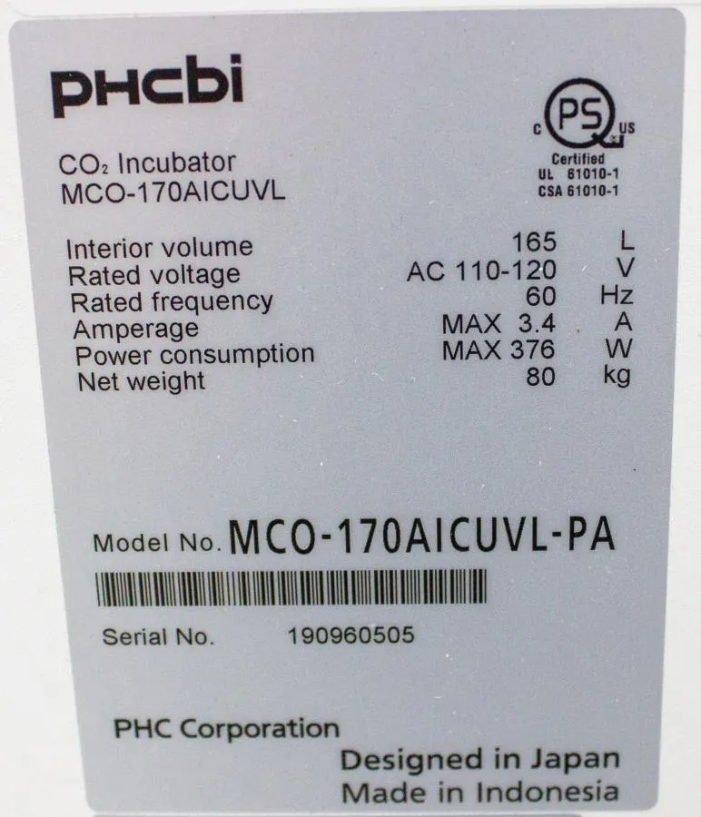 PHCBI CO2 Incubator Model MC0-170AICUVL-PA