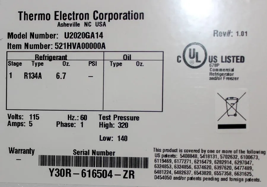 Thermo Electron Corporation VWR General Purpose -20 Freezer Model:U2020GA14