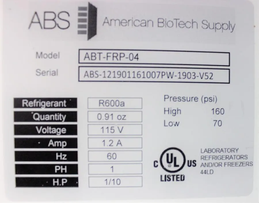American Biotech  5 Cu Ft Undercounter Flammable Storage Refrigerator