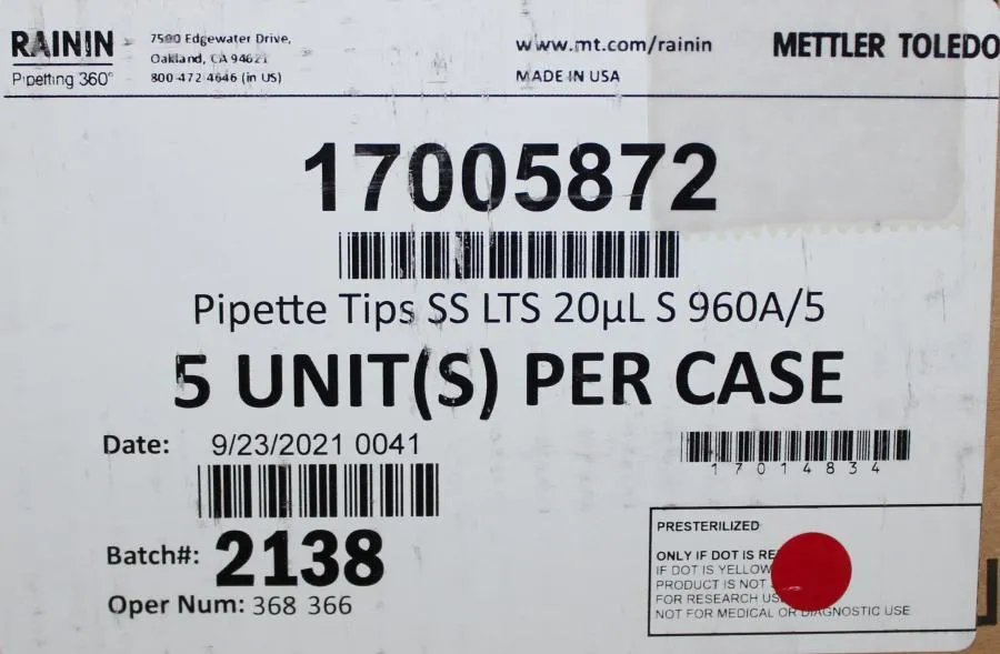Mettler Toledo 17005872 RAININ pipette Tips SS LTS 20ul. L 960A/5