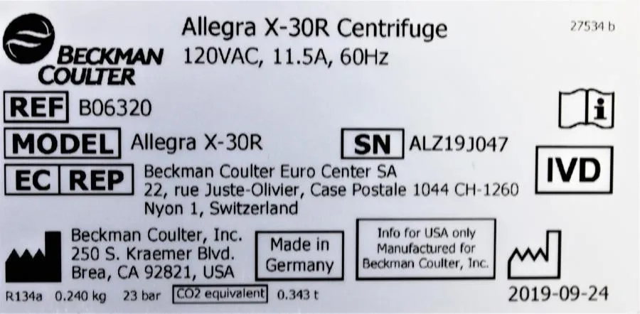 BECKMAN COULTER Allegra X-30R B06320 Centrifuge