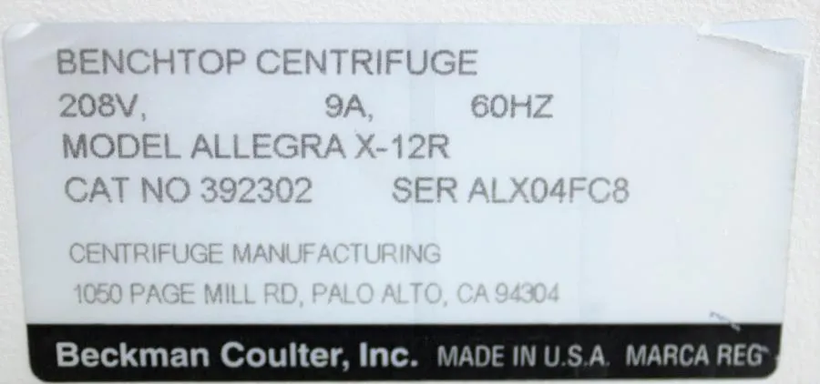 Beckman Couture Allegra X-12R  Refrigerated Benchtop Centrifuge 392302