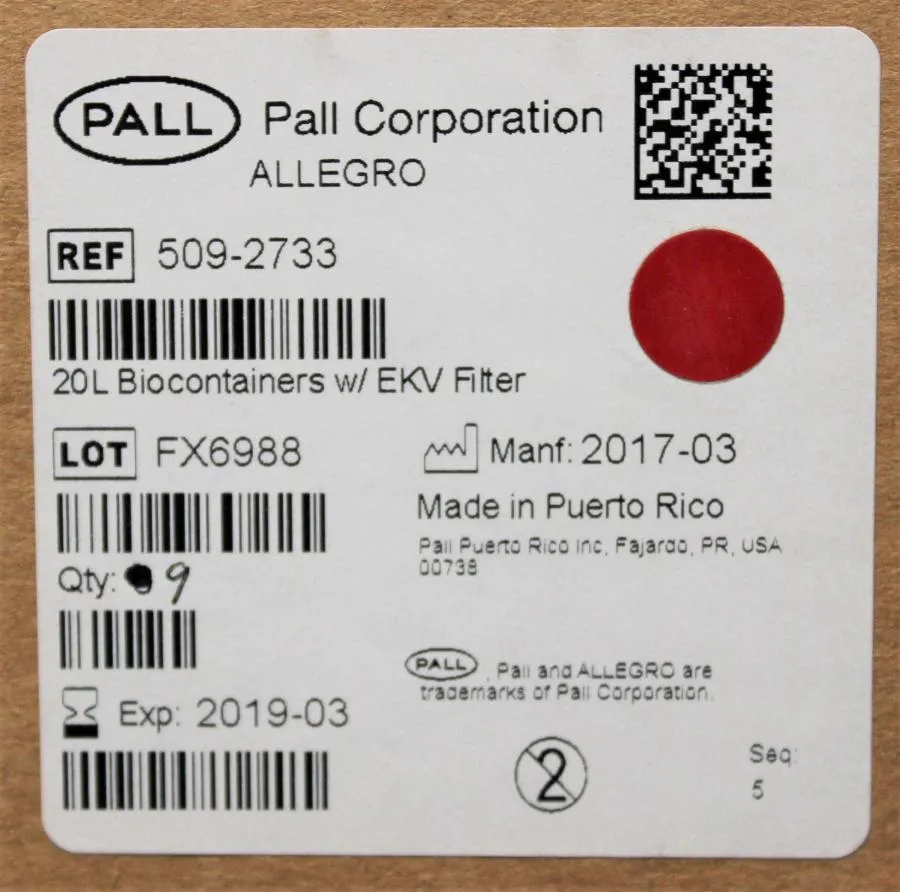 Pall Allegro 20L BioContainer 509-2733 w EKV Filter Qty 9