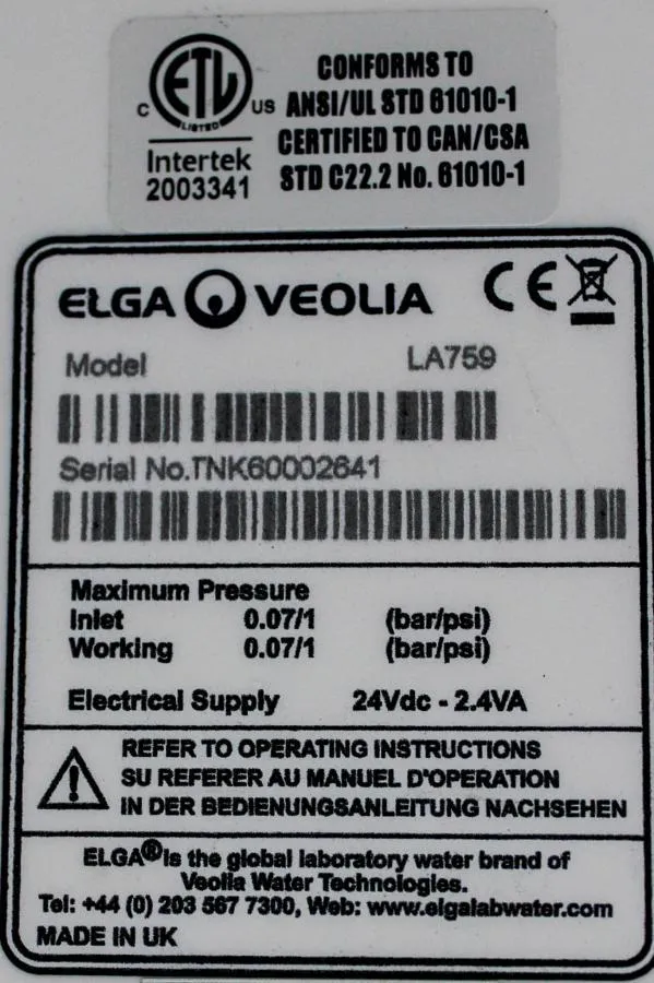 ELGA VEOLIA Storage reservoirs for water purification systems LA759